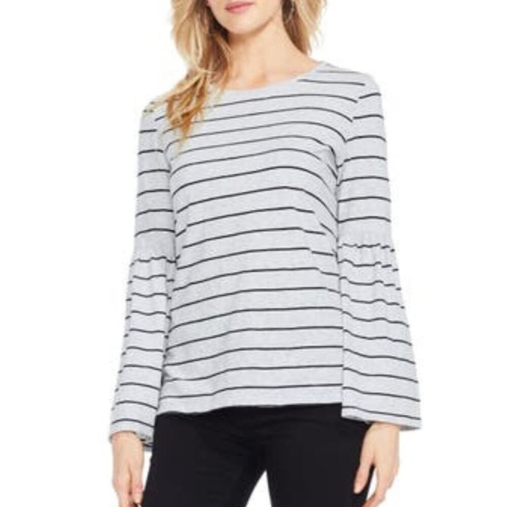 TWO VINCE CAMUTO Nova Stripe Wide Sleeves Gray & Black Cotton Size Small